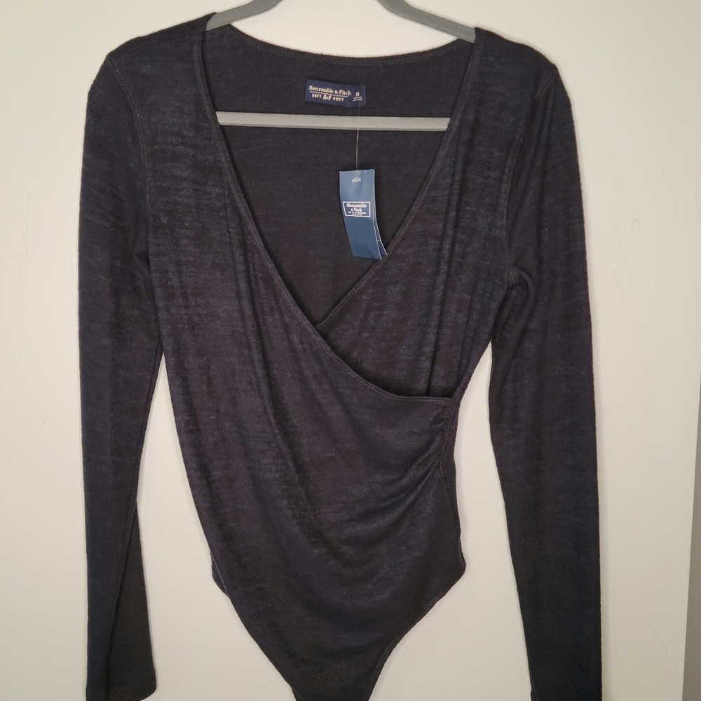 Abercrombie & Fitch Women's Black Wrap-Front Long Sleeve Bodysuit Sz. M